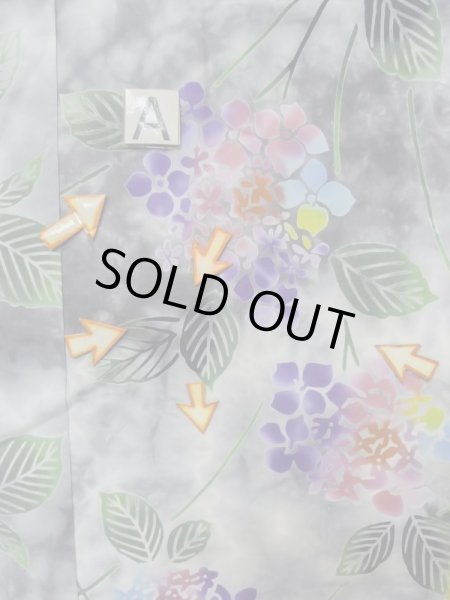 Photo15: M0620G Used Japanese men  Gray Women's Yukata / Cotton. Leaf Hydrangea (Hydrangea macrophylla) pattern  (Grade D) (15)