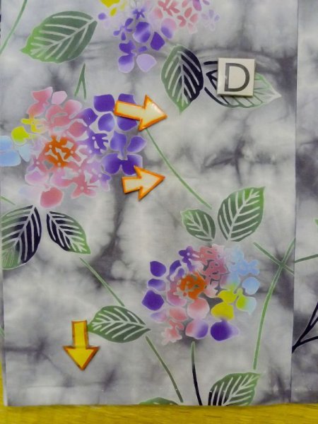 Photo18: M0620G Used Japanese men  Gray Women's Yukata / Cotton. Leaf Hydrangea (Hydrangea macrophylla) pattern  (Grade D) (18)