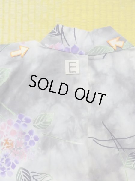 Photo19: M0620G Used Japanese men  Gray Women's Yukata / Cotton. Leaf Hydrangea (Hydrangea macrophylla) pattern  (Grade D) (19)