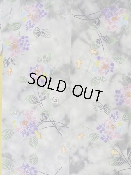 Photo21: M0620G Used Japanese men  Gray Women's Yukata / Cotton. Leaf Hydrangea (Hydrangea macrophylla) pattern  (Grade D) (21)