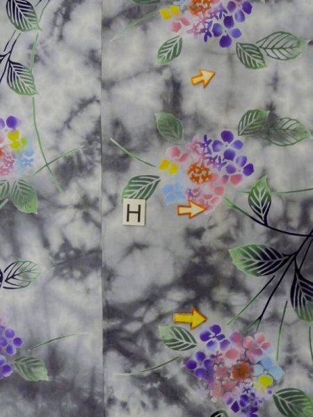 Photo22: M0620G Used Japanese men  Gray Women's Yukata / Cotton. Leaf Hydrangea (Hydrangea macrophylla) pattern  (Grade D) (22)