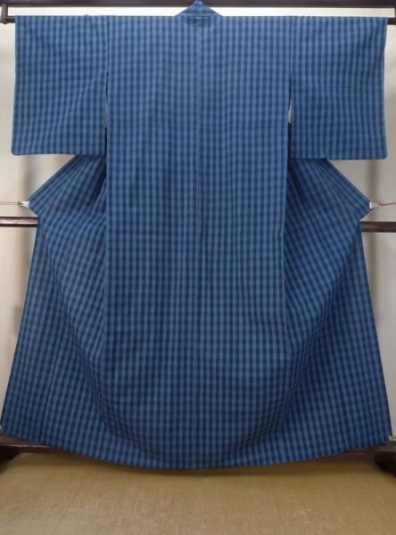 Photo1: M0620J Used Japanese women  Blue HITOE unlined / Cotton/hemp Plaid Checks   (Grade D) (1)