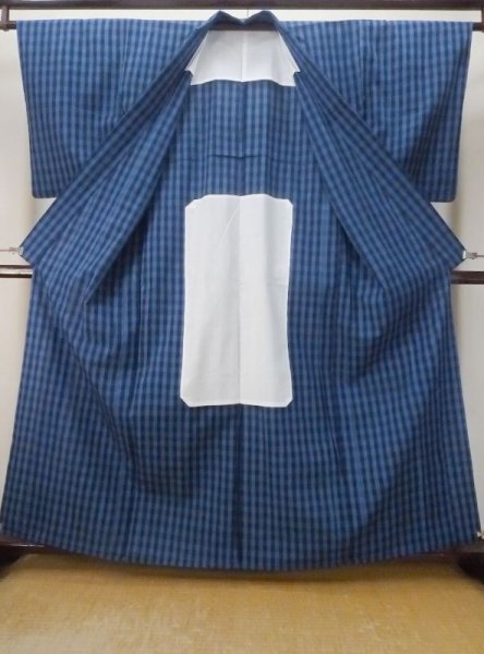 Photo2: M0620J Used Japanese men  Blue Women's Yukata / Cotton/hemp Plaid Checks   (Grade D) (2)