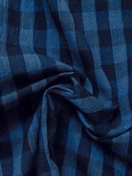 Photo8: M0620J Used Japanese men  Blue Women's Yukata / Cotton/hemp Plaid Checks   (Grade D) (8)