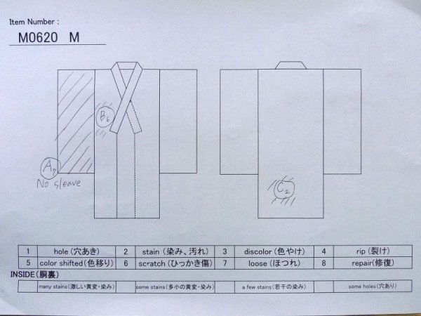 Photo11: M0620M Used Japanese men Dark Black Men's Yukata / Linen. Stripes The right side sleeve is missing.  (Grade D) (11)