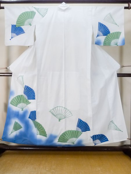 Photo1: M0620Q Used Japanese women  White YUKATA summer(made in Japan) / Cotton. Folding fan   (Grade C) (1)