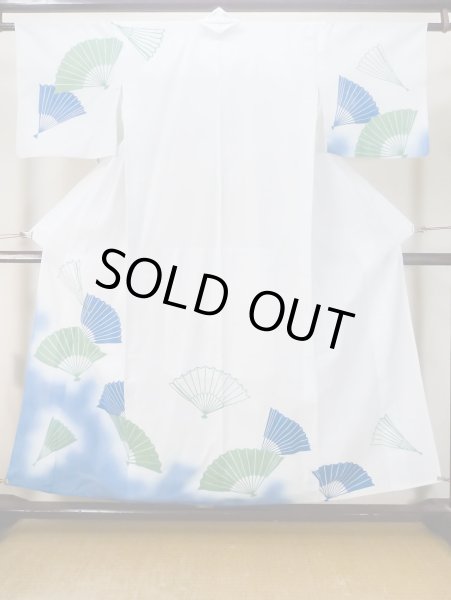 Photo1: M0620Q Used Japanese men  White Men's Yukata / Cotton. Folding fan   (Grade C) (1)