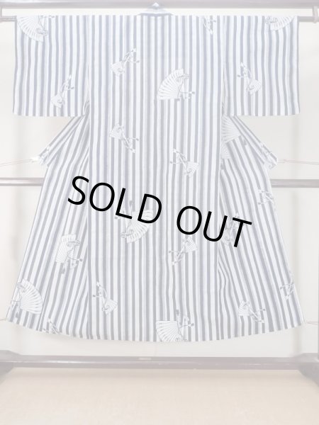 Photo1: M0620S Used Japanese men  White Men's Yukata / Cotton/hemp Folding fan,   (Grade C) (1)
