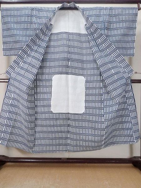 Photo2: M0620T Used Japanese men  White Women's Yukata / Cotton/hemp Abstract pattern   (Grade C) (2)