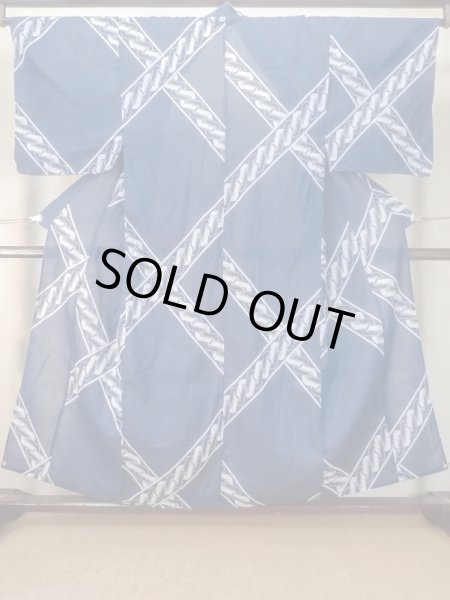 Photo1: Mint M0620U Used Japanese men  Navy Blue Men's Yukata / Cotton. Abstract pattern   (Grade A) (1)