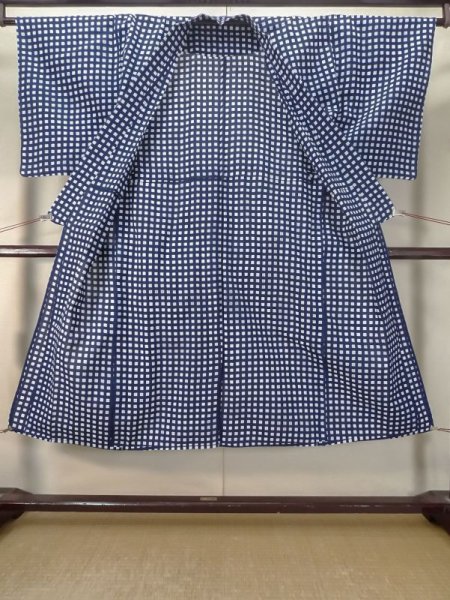 Photo2: M0621A Used Japanese men  White Men's Yukata / Cotton/hemp Plaid Checks   (Grade D) (2)