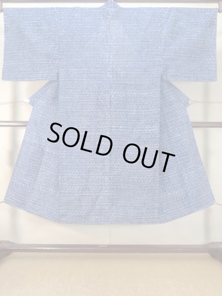 Photo1: M0621B Used Japanese men  Navy Blue Men's Yukata / Cotton/hemp Plaid Checks,   (Grade C) (1)