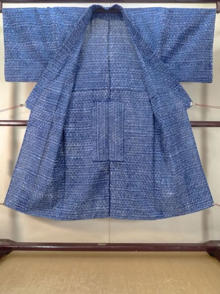 Photo2: M0621B Used Japanese men  Navy Blue Men's Yukata / Cotton/hemp Plaid Checks,   (Grade C) (2)