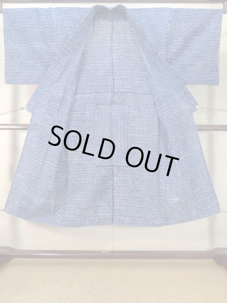Photo2: M0621B Used Japanese men  Navy Blue Men's Yukata / Cotton/hemp Plaid Checks,   (Grade C) (2)