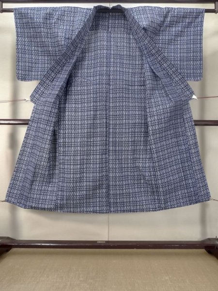Photo2: Mint M0621C Used Japanese men  Blue Men's Yukata / Cotton/hemp Plaid Checks   (Grade A) (2)