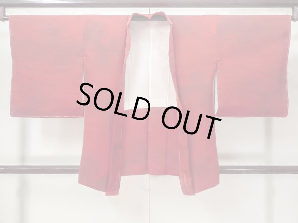 Photo1: M0627A Used Japanese women  Red HAORI short jacket / Silk. Gradation, Mixture of synthetic fibers and patching in the lining.  (Grade B) (1)