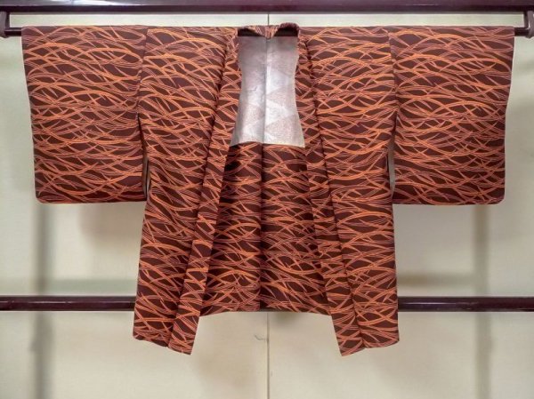 Photo1: M0627B Used Japanese women  Brown HAORI short jacket / Silk. Tall grass,   (Grade A) (1)