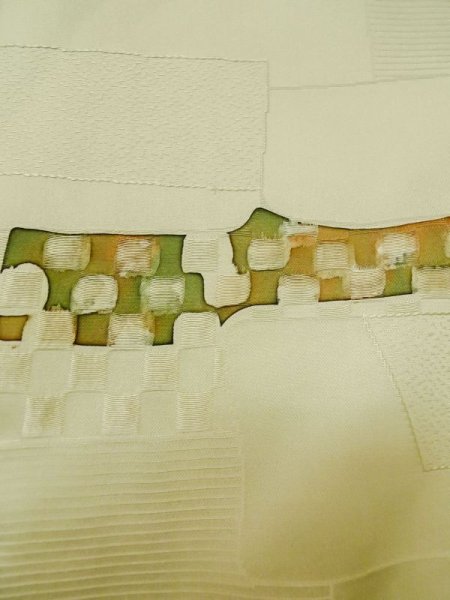 Photo5: M0627F Used Japanese women Pale Beige HAORI short jacket / Silk. Abstract pattern   (Grade B) (5)