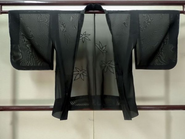 Photo1: Mint M0627K Used Japanese women  Black HAORI short jacket / Silk. MOMIJI maple leaf   (Grade A) (1)