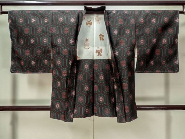 Photo1: M0627O Used Japanese women Dark Black HAORI short jacket / Silk. Flower, Made in Korea  (Grade C) (1)