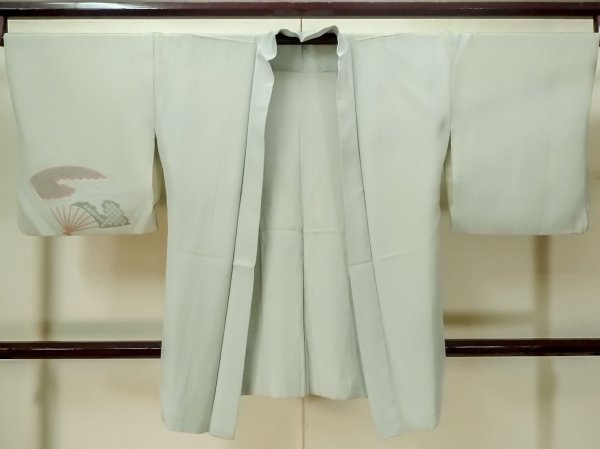 Photo1: M0627P Used Japanese womenPale Light Green HAORI short jacket / Silk. UME plum bloom,   (Grade C) (1)