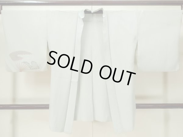 Photo2: M0627P Used Japanese womenPale Light Green HAORI short jacket / Silk. UME plum bloom,   (Grade C) (2)