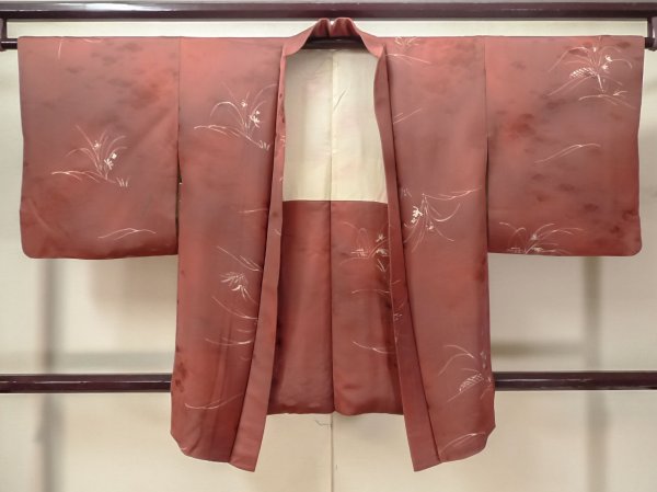 Photo1: M0627S Used Japanese women Dark Red HAORI short jacket / Silk. Flower,   (Grade C) (1)