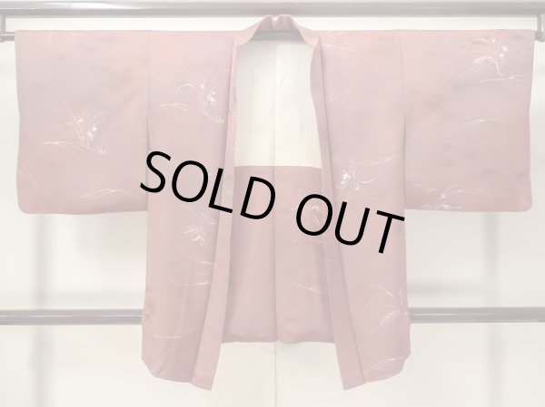 Photo2: M0627S Used Japanese women Dark Red HAORI short jacket / Silk. Flower,   (Grade C) (2)