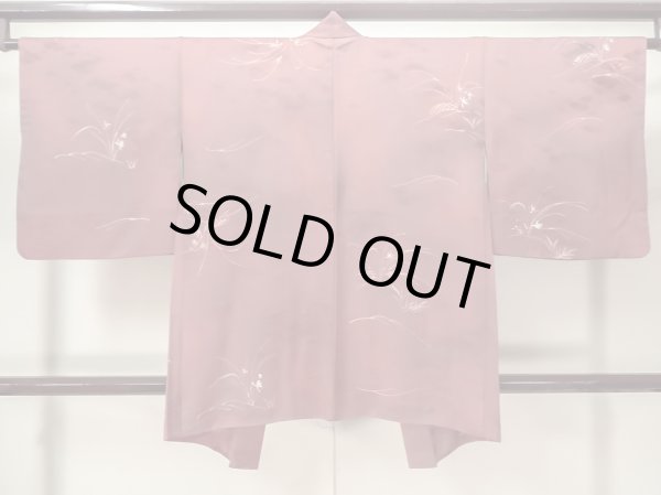 Photo3: M0627S Used Japanese women Dark Red HAORI short jacket / Silk. Flower,   (Grade C) (3)