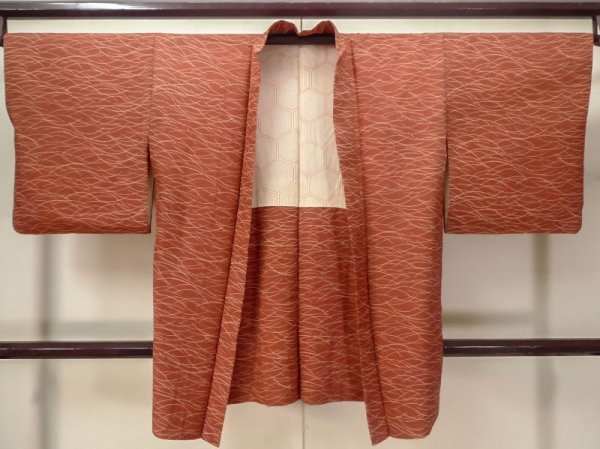 Photo1: M0627T Used Japanese women  Vermilion HAORI short jacket / Silk. Grass   (Grade B) (1)