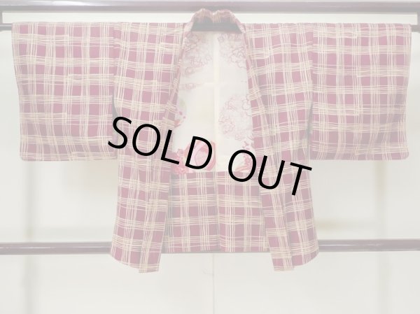 Photo1: M0627V Used Japanese women  Dark Red HAORI short jacket / Mixed. Plaid Checks   (Grade B) (1)