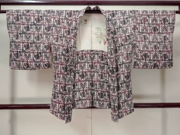 Photo1: M0627W Used Japanese women  Ivory HAORI short jacket / Silk. Temple, People and horse pattern  (Grade B) (1)