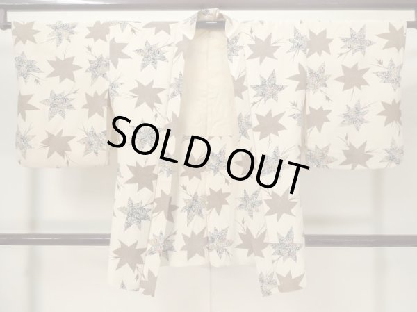 Photo1: M0628D Used Japanese women  Beige HAORI short jacket / Silk. MOMIJI maple leaf   (Grade C) (1)
