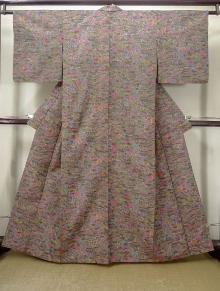 Photo1: M0704S Used Japanese women  Multi Color HITOE unlined / Wool. Flower,   (Grade D) (1)