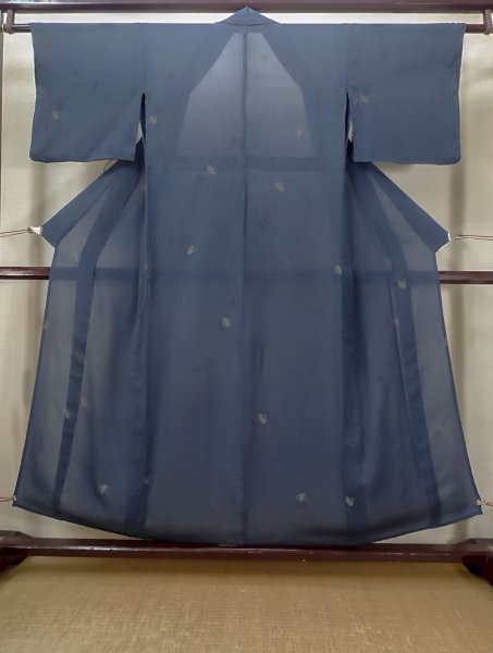 Photo1: M0704U Used Japanese women  Navy Blue HITOE unlined / Silk. Crane   (Grade D) (1)