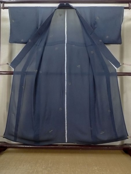 Photo2: M0704U Used Japanese women  Navy Blue HITOE unlined / Silk. Crane   (Grade D) (2)