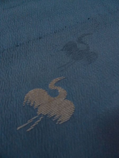 Photo8: M0704U Used Japanese women  Navy Blue HITOE unlined / Silk. Crane   (Grade D) (8)