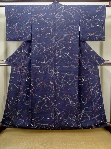 Photo1: Mint M0704X Used Japanese women  Navy Blue HITOE unlined / Synthetic. Abstract pattern   (Grade A+) (1)