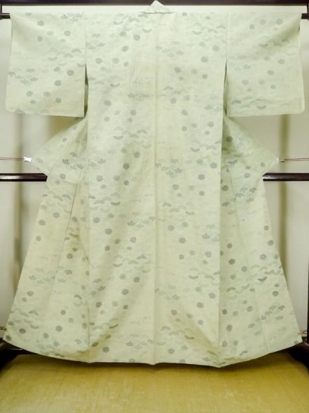 Photo1: M0704Z Used Japanese women Light Yellowish Green OSHIMA TSUMGI pongee / Silk. Flower,   (Grade C) (1)