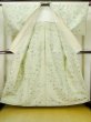 Photo2: M0704Z Used Japanese women Light Yellowish Green OSHIMA TSUMGI pongee / Silk. Flower,   (Grade C) (2)