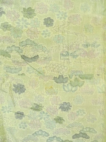 Photo3: M0704Z Used Japanese women Light Yellowish Green OSHIMA TSUMGI pongee / Silk. Flower,   (Grade C) (3)
