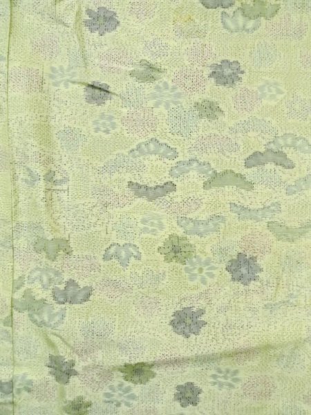 Photo4: M0704Z Used Japanese women Light Yellowish Green OSHIMA TSUMGI pongee / Silk. Flower,   (Grade C) (4)