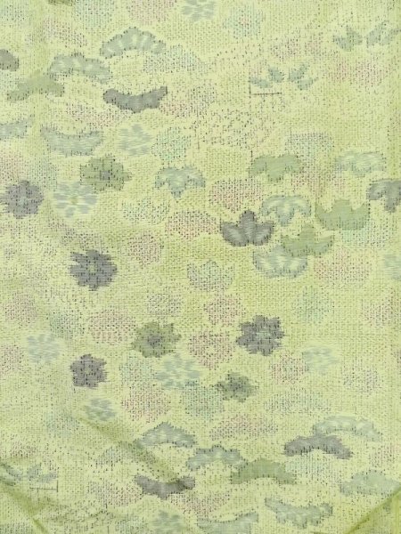 Photo5: M0704Z Used Japanese women Light Yellowish Green OSHIMA TSUMGI pongee / Silk. Flower,   (Grade C) (5)