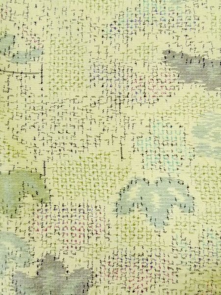 Photo6: M0704Z Used Japanese women Light Yellowish Green OSHIMA TSUMGI pongee / Silk. Flower,   (Grade C) (6)