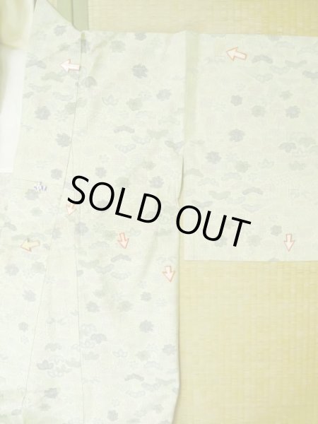 Photo14: M0704Z Used Japanese women Light Yellowish Green OSHIMA TSUMGI pongee / Silk. Flower,   (Grade C) (14)