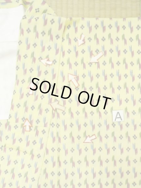 Photo15: M0705C Used Japanese women  Yellow HITOE unlined / Synthetic. Flower,   (Grade C) (15)