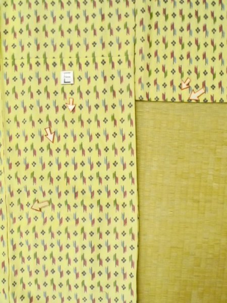 Photo19: M0705C Used Japanese women  Yellow HITOE unlined / Synthetic. Flower,   (Grade C) (19)