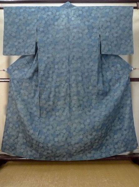 Photo1: M0712D Used Japanese women Grayish Light Blue HITOE unlined / Wool. Flower   (Grade D) (1)