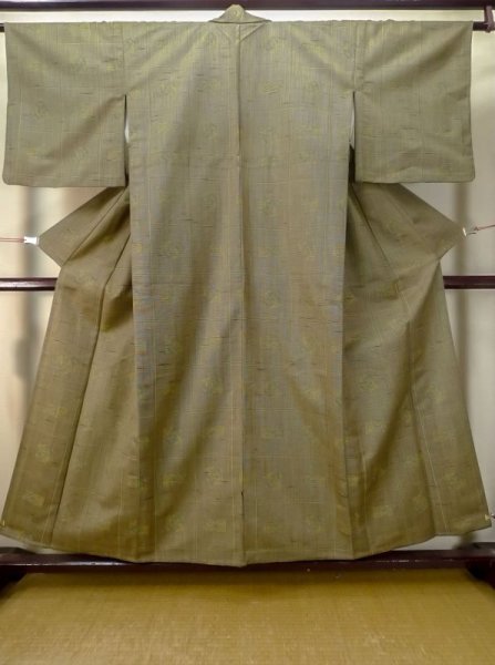 Photo1: M0712G Used Japanese womenDark Vivid Yellowish Green HITOE unlined / Wool. Plaid Checks,   (Grade D) (1)