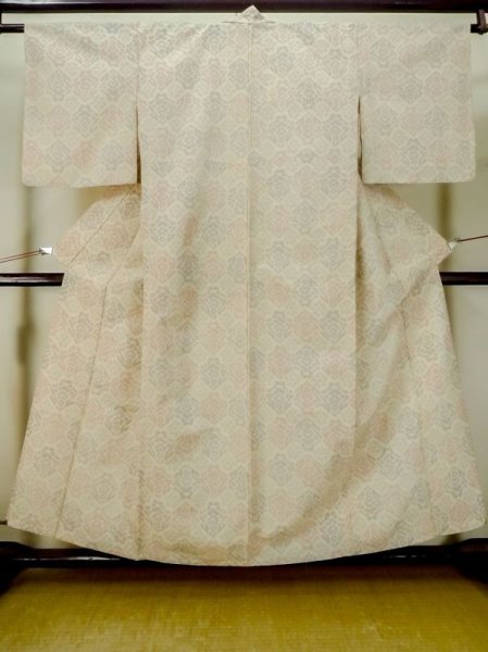 Photo1: M0712P Used Japanese women  Ivory HITOE unlined / Wool. Geometrical pattern,   (Grade D) (1)